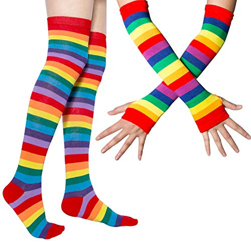 Womens Rainbow Socks Striped Knee High Socks Arm Warmer Fingerless Gloves Set