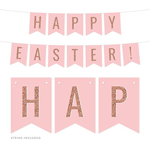 Andaz Press Blush Pink with Faux Rose Gold Glitter Party Banner Decorations, Happy Easter!, Approx 5-Feet, 1-Set, Colored Hanging Pennant Decor Supplies