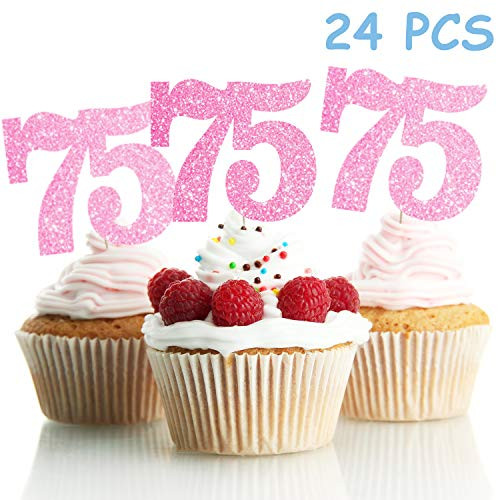 LINGPAR 75 Years Old Pink Cake Toppers Happy 75th Birthday Cupcake Toppers Seventy-Five Birthday Party Decoration Supplies 24PCS