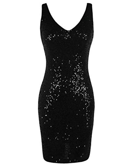 PrettyGuide Women's Sequin Cocktail Dress V Neck Bodycon Glitter Party Dress XL Black