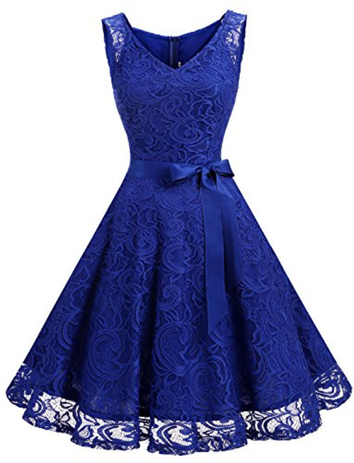 Dressystar 0010 Women Floral Lace Bridesmaid Party Dress Short Prom Dress V Neck Royal Blue XXL