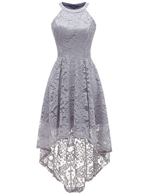 Dressystar 0028 Halter Floral Lace Cocktail Party Dress Hi-Lo Bridesmaid Dress Grey S