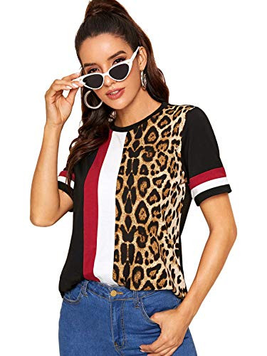 Floerns Women's Casual Leopard Printed Short Sleeve Color Block T Shirts Tops Black Multi Printed S