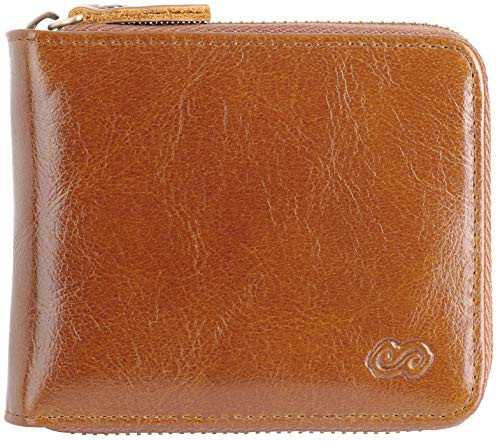 Men's Leather Zipper Wallet RFID Blocking Zip Around Wallet Bifold Multi Card Holder Purse (Dark khaki)