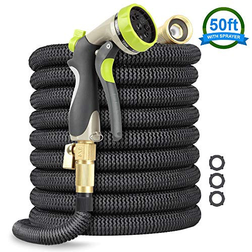 EcoEarth 50 Ft Expandable Garden Hose, Premium Flexible Water Hose with 3/4 Nozzle Solid Brass Connector and Double Layer Latex, High Pressure 8 Function Water Spray Nozzle Expanding Hose