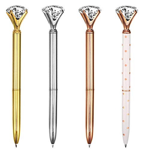 4 Pack Big Crystal Diamond Pen Metal Ballpoint Pen Black Ink Gel Pen Set Gel Ink Rollerball Pen Kit for Writing School Stationery Office Supplies Kids Student Gift