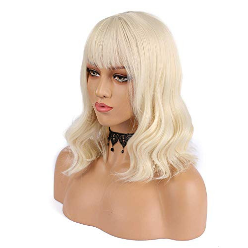 eNilecor Blonde Wig, Short Bob Wigs for Women Curly Natural Colored Synthetic Fashion Wigs with Air Bangs (Light Blonde)