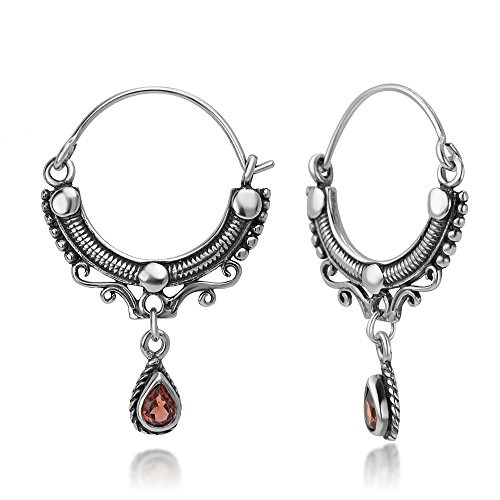 925 Oxidized Sterling Silver Open Filigree Bali Inspired Rope Red Garnet Half Hoop Earrings 1.1" 925 Oxidized Sterling Silver Open Filigree Bali Inspired Rope Red Garnet Half Hoop Earrings 1.1"