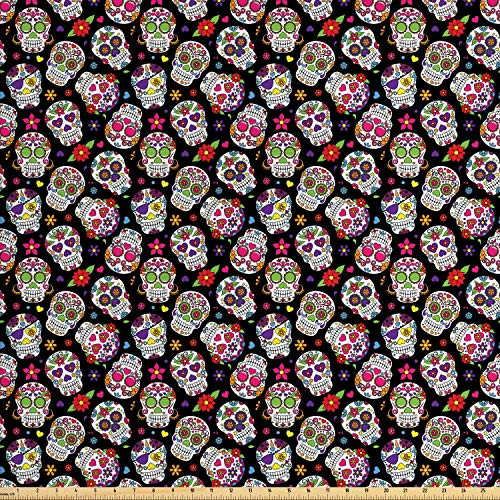Ambesonne Sugar Skull Fabric by The Yard, All Souls Day Floral Colorful Sugar Skulls Flowers on Dark Background Print, Decorative Fabric for Upholstery and Home Accents, 2 Yards, Black Fuchsia