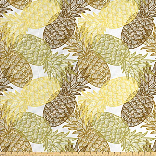 Ambesonne Pineapple Fabric by The Yard, Summer Themed Overlapping Curving Exotic Tropical Pineapples with Lines Print, Decorative Fabric for Upholstery and Home Accents, 3 Yards, Yellow Brown