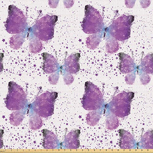Ambesonne Butterfly Fabric by The Yard, Surreal Star Patterned Background with Polygonal Butterflies Modern, Stretch Knit Fabric for Clothing Sewing and Arts Crafts, 1 Yard, Blue Purple
