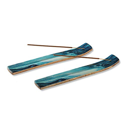 Folkulture Set of 2 Incense Holder or Incense Burner for Insence Sticks, Ash Catcher or Insence Burner Holder for Home Decor, Wooden Insense Stick Holders or Inscent Tray, Mango Wood, Blue