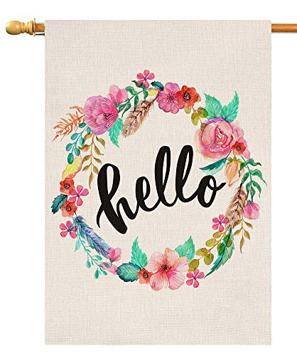 BLKWHT Hello Spring Floral Wreath House Flag Vertical Double Sided Inch Easter Summer Welcome Yard Outdoor Decor 28 x 40 Inch