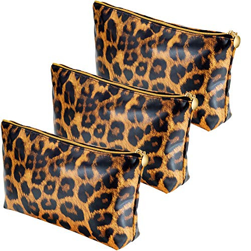 Leopard Print Makeup Bag Travel Cosmetic Pouch Bag Cheetah Waterproof Purse Toiletry Brush Bag Leopard Makeup Clutch Organizer with Zipper for Women Girls (3 Pieces)