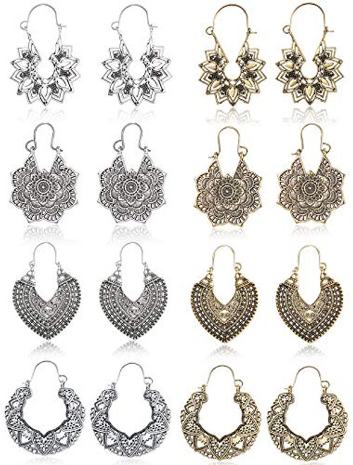 FIBO STEEL 8 Pairs Vintage Mandala Flower Gypsy Drop Dangle Earrings for Women Boho Retro Tribal Hollow Earrings Set