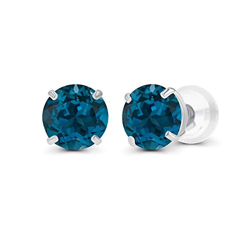 14K Solid White Gold 4mm Round Natural London Blue Topaz December Birthstone Prong Set Stud Earrings For Women and Girls