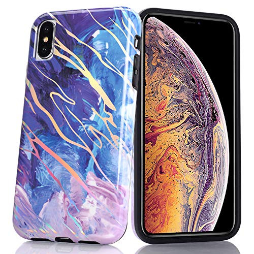 BAISRKE Holographic Marble Case for iPhone X Xs, Slim Soft TPU Rubber Bumper Silicone Protective Phone Case Cover for iPhone X Phone X S [5.8 inch] - Blue