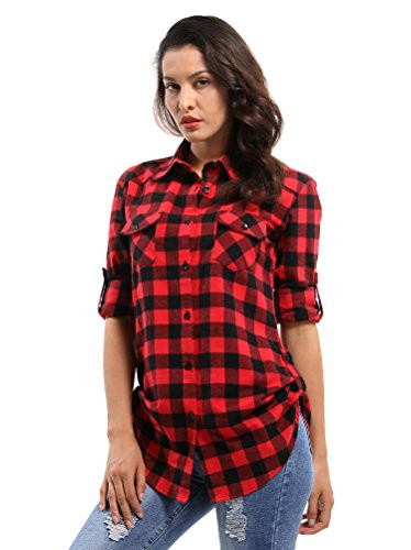 OCHENTA Women's Long Sleeve Button Down Plaid Flannel Shirt D056 Black Red 2XL