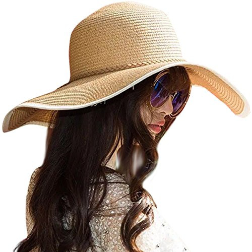 Lanzom Womens Wide Brim Straw Hat Floppy Foldable Roll up Cap Beach Sun Hat UPF 50+ (Style B-Khaki)