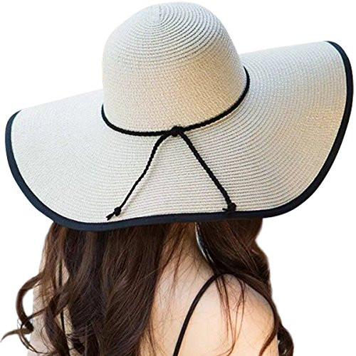 Lanzom Womens Wide Brim Straw Hat Floppy Foldable Roll up Cap Beach Sun Hat UPF 50+ (Style B-Beige)