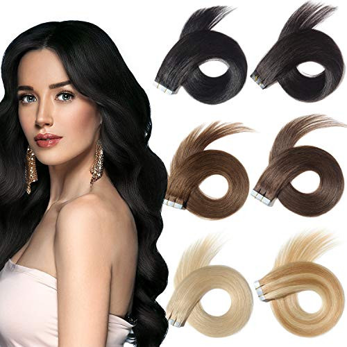 HAIRREAL Tape in Hair Extensions Remy Human Hair Seamless Skin Weft Straight Hair 50g/Pack 16 Inch 20Pcs Hairpiece 1# Jet Black