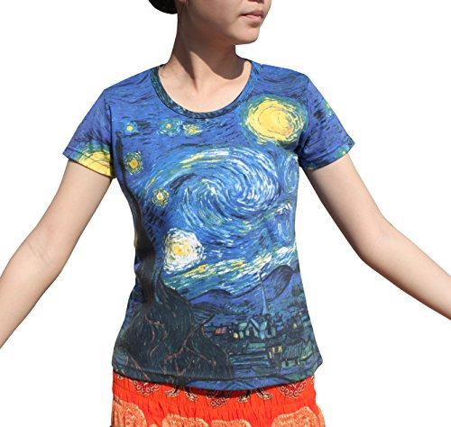 RaanPahMuang Brand Vincent Van Gogh The Starry Night Ladies T-Shirt, Medium Navy