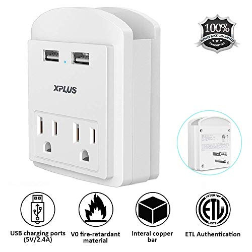USB Wall Outlet,XPLUS 2 USB Charging Ports (2.4A) & 2 AC Outlet Plugs, Surge-protected Power Socket Outlet Extender with Topside Phone Holders for iPhone, iPad and Others, ETL Certified (White)