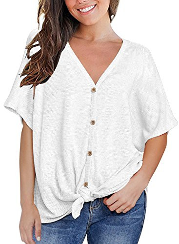 MIHOLL Womens Tops Short Sleeve V Neck Shirts Tie Front Knot Casual Loose Blouse (Medium, White)