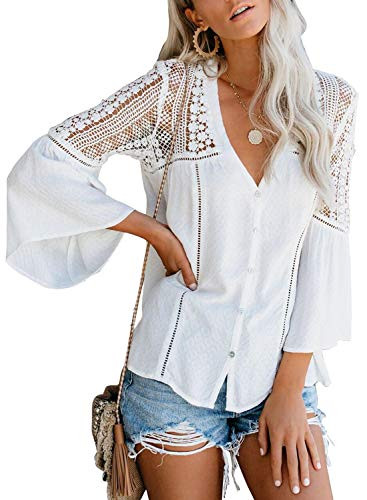 FARYSAYS Women's Casual Lace Crochet V Neck Button Down Long Bell Sleeve T-Shirt Tops Loose Blouse White X-Large
