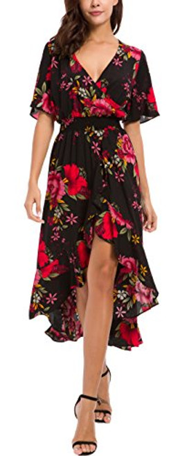 Kormei Womens Short Sleeve Floral High Low V-Neck Flowy Party Long Maxi Dress S Black&Red