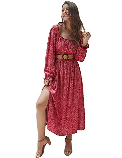 KANCY KOLE Smocked Dress for Women Vintage Maxi Dresses for Summer Plus Size Long Sleeve Boho Ruffle Dresses(Red,XL)