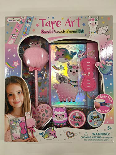 Hot Focus 3D Secret Passcode Journal Set  Llama. Notebook w/ Passcode Lock, 2 Washi Taps, 1 Sheet of Scented Stickers, Pom Pom Pen, 1 Paper Clip. Great for Kids/Girls/Tween.