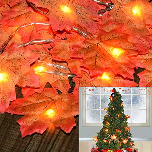 Fall Decor Maple Leaf String Lights for Thanksgiving Christmas 40 LED Maple Fall Leaf Garland Waterproof 3AA Battery for Indoor,Outdoor