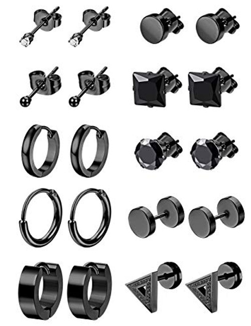 LOYALLOOK 10Pairs Stainless Steel Earrings For Men Tiny Ball Stud Earrings Cartilage Earrings Endless Earrings For Men Black Tone