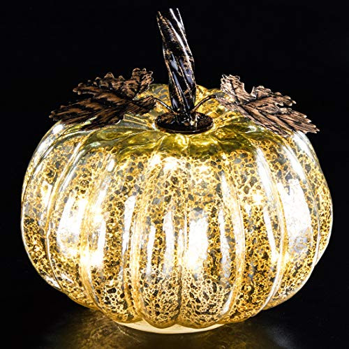 denlix Mercury Glass Pumpkin Lights Fall Decor, Battery Operated LED Timer 5.5 Inches Pumpkins Decor