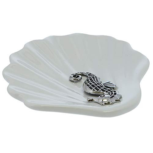 Li'Shay Ceramic Shell Jewelry Trinket Dish Organizer with Ocean Themed Metal Accent- Sea Horse