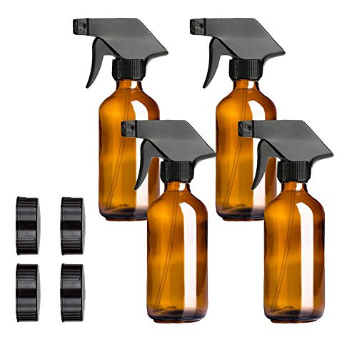 Spray Bottle, 4 Pack 16 OZ Empty Amber Glass Spray Bottles Refillable Container for Essential Oils, Cleaning Products, or Aromatherapy, Trigger Sprayers with Mist and Stream Settings