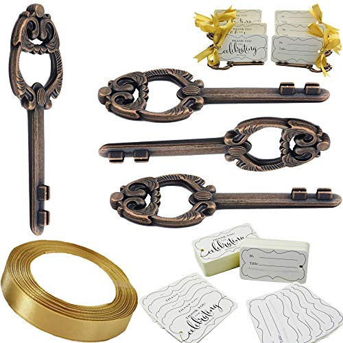 Aokbean 50pcs Multi Function Vintage Skeleton Key Bottle Opener Place Card Holders for Weddings Table Name Cards for Guest Souvenir French Ribbon