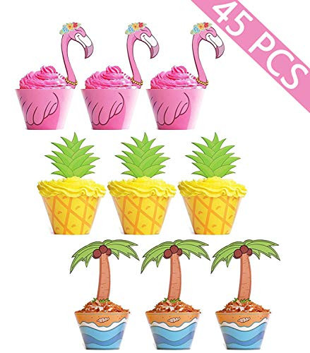 45 PCS Flamingo/Pineapple/Palm Cupcake Toppers Wrappers - Luau Tropical Hawaiian Pool Party Supplies Cake Decorations