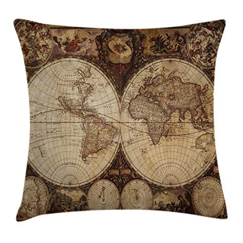 Ambesonne World Map Throw Pillow Cushion Cover, Old World Map Drawn in 1720s Nostalgic Style Art Historical Atlas Vintage Design, Decorative Square Accent Pillow Case, 26" X 26", Pale Brown