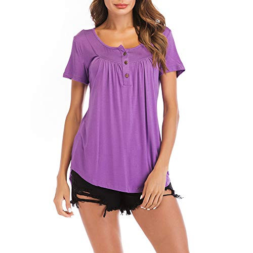Womens Casual Tee Shirts Short Sleeve V Neck Button Up Loose Fits Tunic Tops Blouses(Purple,L)