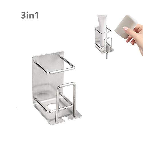 3in1 Self-Adhesive Toothbrush Holder Wall Mounted Toothbrush Holder Toothpaste Holder and Cup Holder Stainless Steel Storage Toothbrush Toothpaste Holder for Bathroom