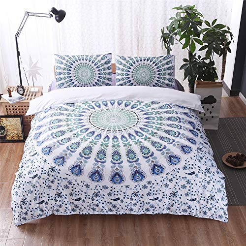Argstar 3 Pcs Bohemian Duvet Cover Queen, 3D Green White Mandala Bedding Set, Circle and Paisey Down Comforter Cover, Boho Floral Quilt Cover, 100% Ultra Microfiber, 1 Duvet Cover and 2 Pillowcases
