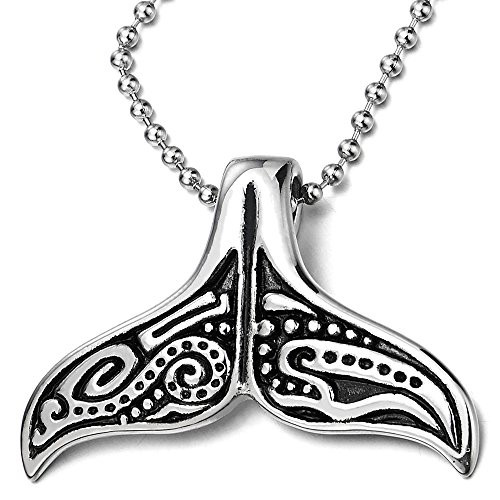 COOLSTEELANDBEYOND Stainless Steel Mens Women Vintage Whale Dolphin Tail Pendant Necklace with 23.6 inches Ball Chain