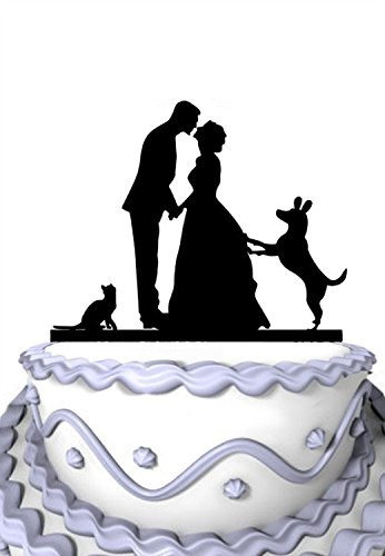 Meijiafei Wedding Cake Topper - Kissing Groom and Bride with Pet Dog And Cat Silhouette for Rustic Wedding Party Supplies
