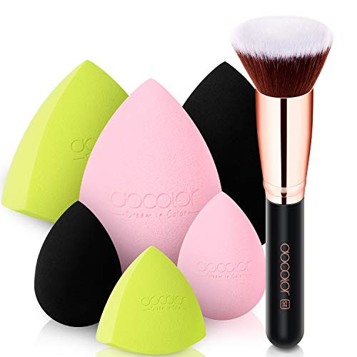 Docolor 6+1Pcs Liquid Foundation Brush with Makeup Sponges, Flat Top Foundation Synthetic Kabuki Brush & Professional Beauty Makeup Sponge Blender for Liquid Blending Mineral Powder Makeup Tools