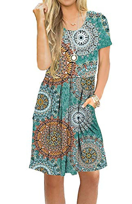 AUSELILY Women's Short Sleeve Pleated Loose Swing Casual Dress with Pockets Knee Length (S, H Print Green)