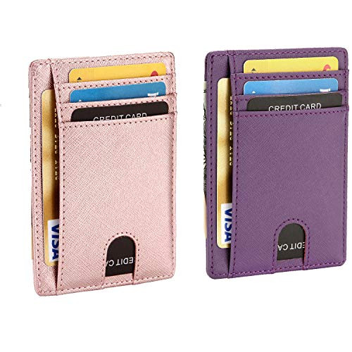 Slim RFID Blocking Wallet Thin Credit Card Holder Minimalist Leather Front Pocket Wallet for Women - Pink Purple