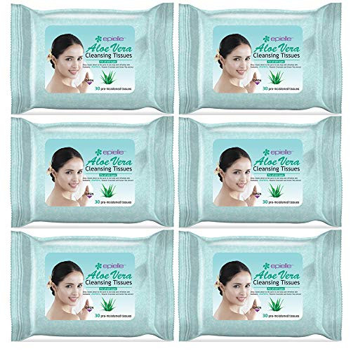 New Epielle Assorted Makeup Remover Pre-Moistened Facial Cleansing Wipes Towelettes (Oil free and hypoallergenic) - 30ct (Sheets) per pack, Aloe Vera 6 Pack