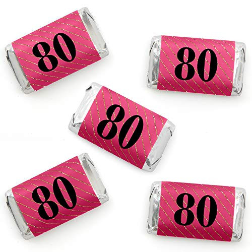 Chic 80th Birthday - Pink, Black and Gold - Mini Candy Bar Wrapper Stickers - Birthday Party Small Favors - 40 Count